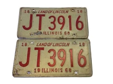 Paired Vintage 1968 Illinois License Plates JT 3916 Red White Expired Auto Tags