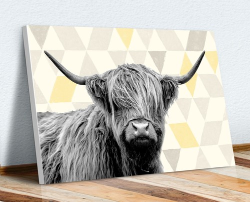 HIGHLAND KUH LEINWANDKUNSTDRUCK DEKOR BILD SET GRAU GELB GEOMETRISCH - Bild 5 von 6