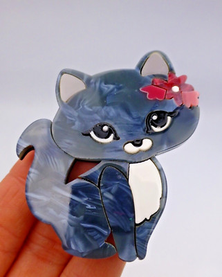 Boxed Modern BROSCHE Handarbeit Katze blau schwarz Acryl Bakelit