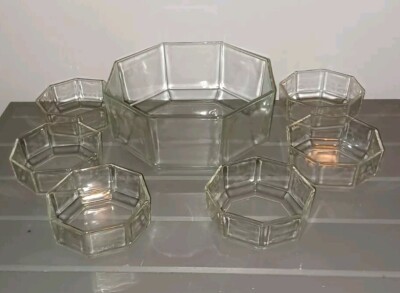 VINTAGE ARCOROC OCTIME CLEAR 9'' OCTOGON SERVING BOWL & 6 - 4.5'' BOWLS FRANCE