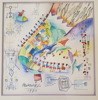 Raphael Abecassis Original Watercolor on Paper 12'' X 12'' Judaism Surrealism