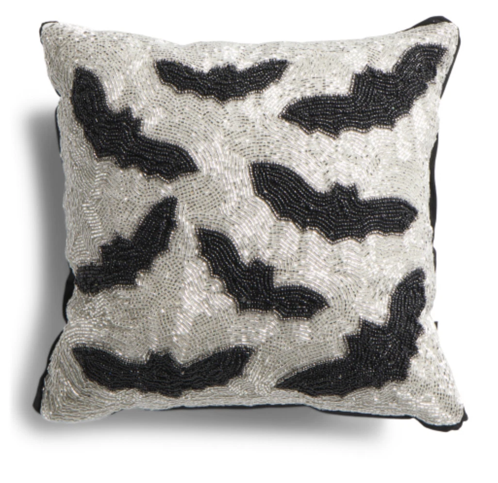 Noir Night Halloween Beaded Throw Pillow Spooky Black Bat Silver Gothic Glam 14