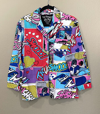 VICTORIA S SECRET Comic Print Flannel Pajama Top Women s XS Multicolor Colorful