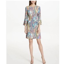 Tommy Hilfiger Women's Multi-Color Paisley Dress Size 10 Bell Sleeve Shift Retro