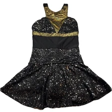 Revolution Dance Black Gold Sequined Leotard Skirt, Shorts Skort  ADULT Small S