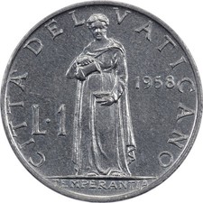 Vatican City - 1 Lira - 1958 - Unc - Temperance - Pius XII