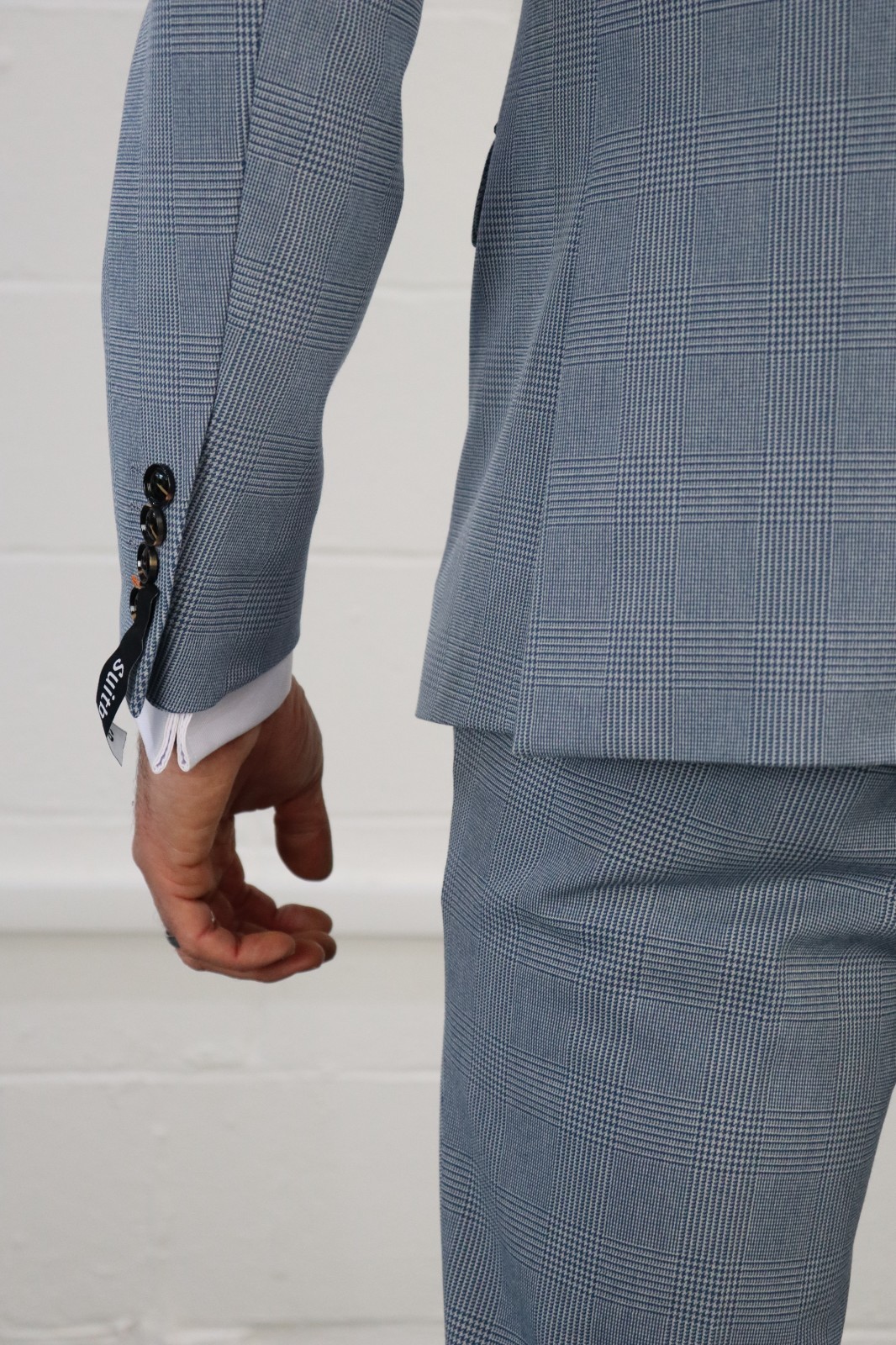 Mens Suit Sky Light Blue Check Three 3 Piece Wedding Groom Races STRETCH FIT 3PC