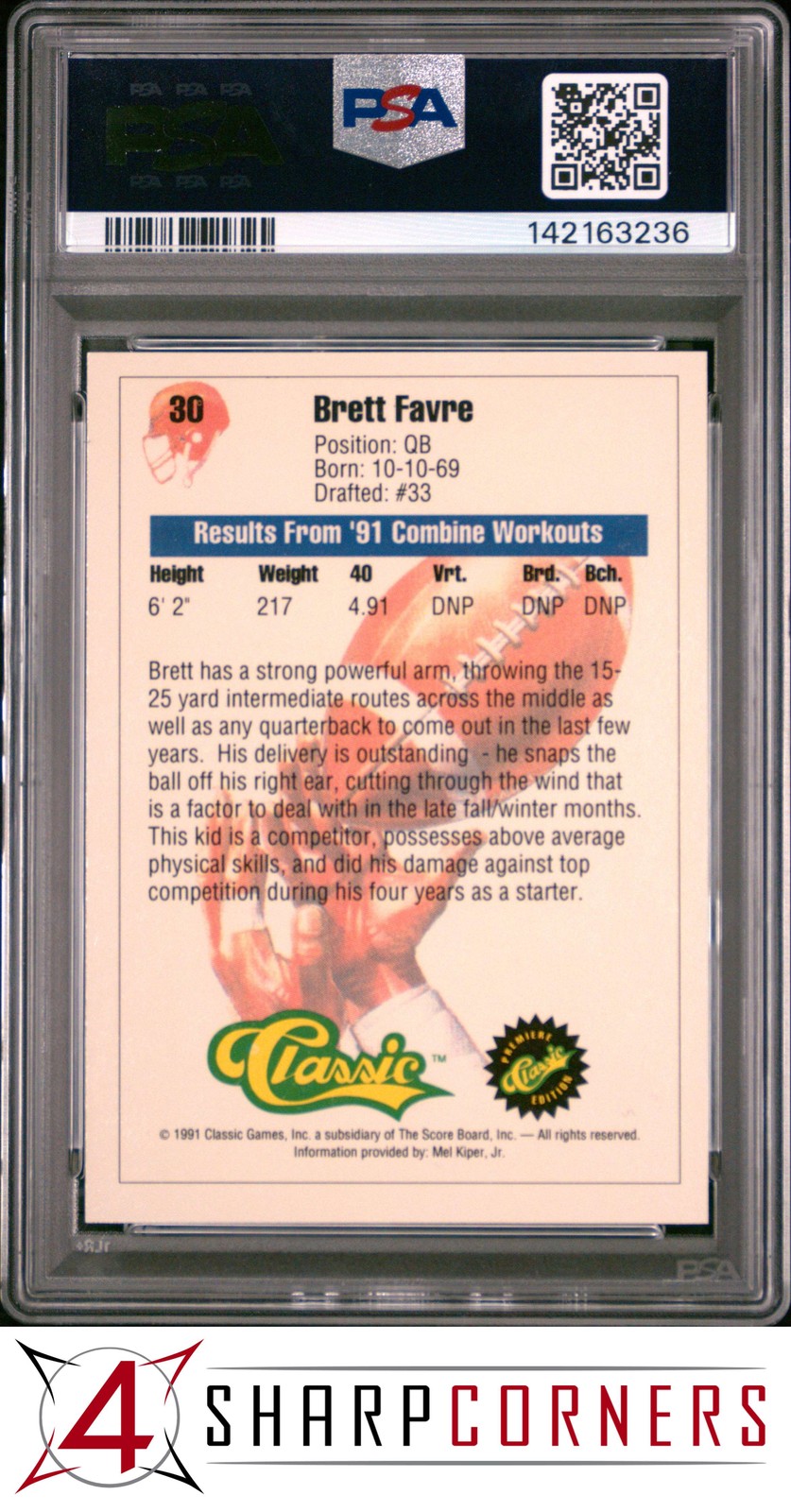 1991 CLASSIC #30 BRETT FAVRE RC HOF PSA 10 view 2