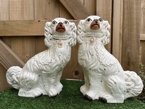 SUPERB PAIR: VERY LARGE 19thC STAFFORDSHIRE WHITE & GILT SPANIEL DOGS c1880s