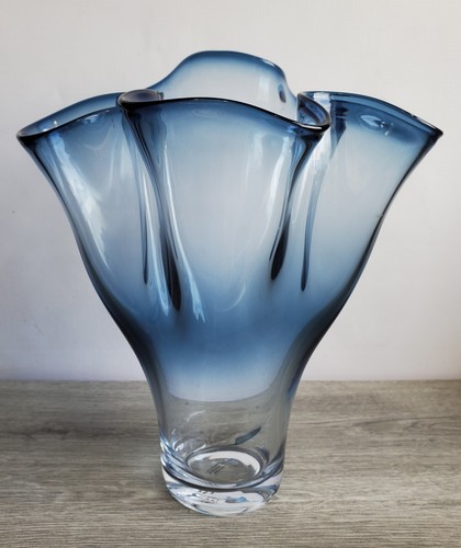 Schöne große blaue Taschentuch polnische Kunst Glas Vase Vintage mundgeblasen verpackt - Bild 2 von 17
