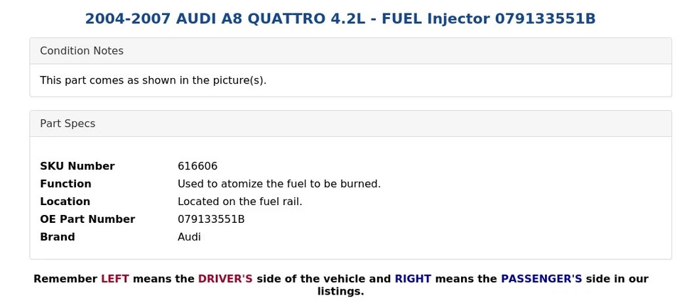 2004-2007 AUDI A8 QUATTRO 4.2L - Injetor de Combustível 079133551B - Imagem 3 de 4