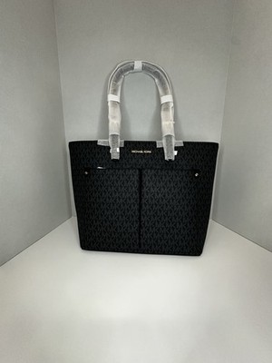 Michael Kors Medium Jet Set Logo Pocket Tote Bag Black Leather