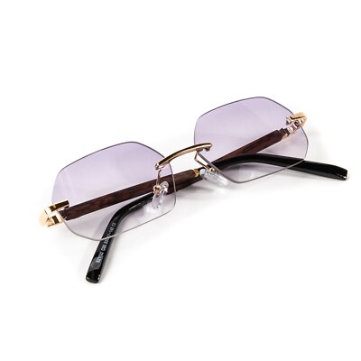 Mens Luxury Woodgrain Rimless Purple Tint Rectangular Hip Hop Stylish Sunglasses