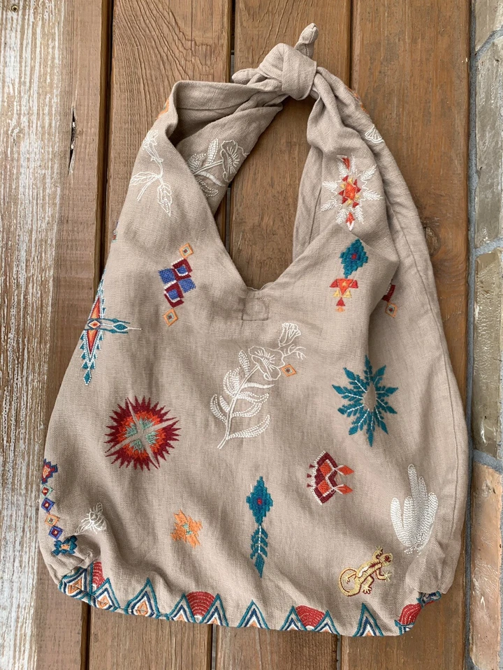 Johnny Was Los Angeles SAGUARO Bolso Hobo Cartera Lino Azteca Suroeste Nudo Atado Foto 3 de 4