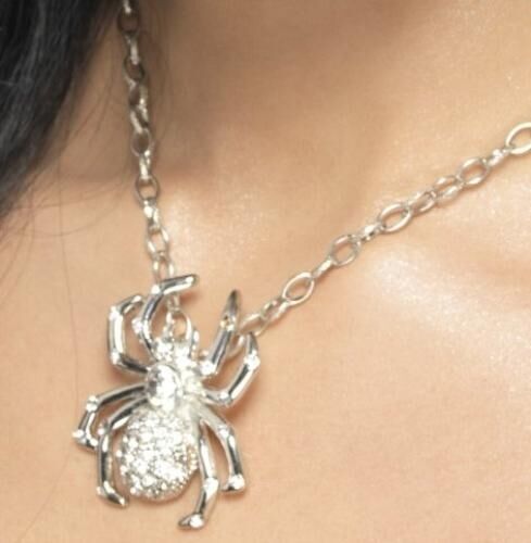 Silver Spider Rhinestone Fancy Dress Costume Jewellery Necklace