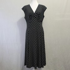 Chaps Sleeveless V-neck A-line Midi Dress Women's Size M Black White Polka Dots