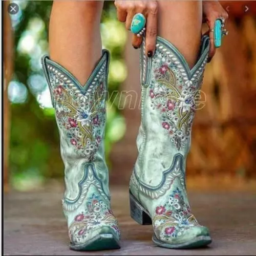 Womens PU Leather Floral Embroidered Studs Mid Calf Cowboy Boots