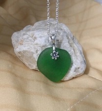 Green heart -Genuine Sea Glass pendant 18" silver chain necklace