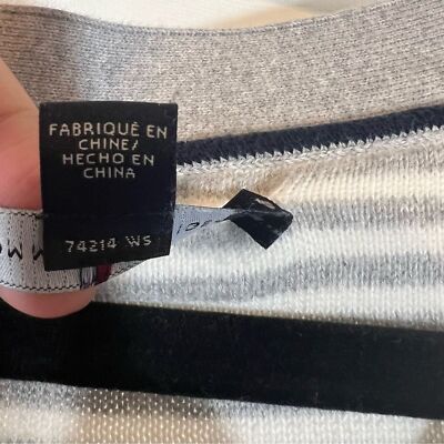 Tommy Hilfiger Grey White Striped V-Neck Sweater Classic Preppy