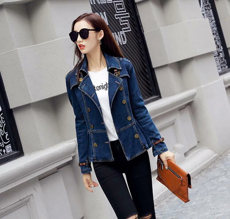Womens Fashion Lapel Double Breast Belt Slim Fit Denim Jacket Coat Outwear 8266