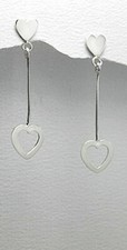 Solid Sterling Silver Dangling Heart Earrings 40mm 1.57" Long 1.8g