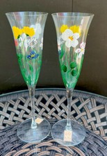 Royal Danube Set Of 2 Flutes Crystal Glass Hand Painted Flowers Romania