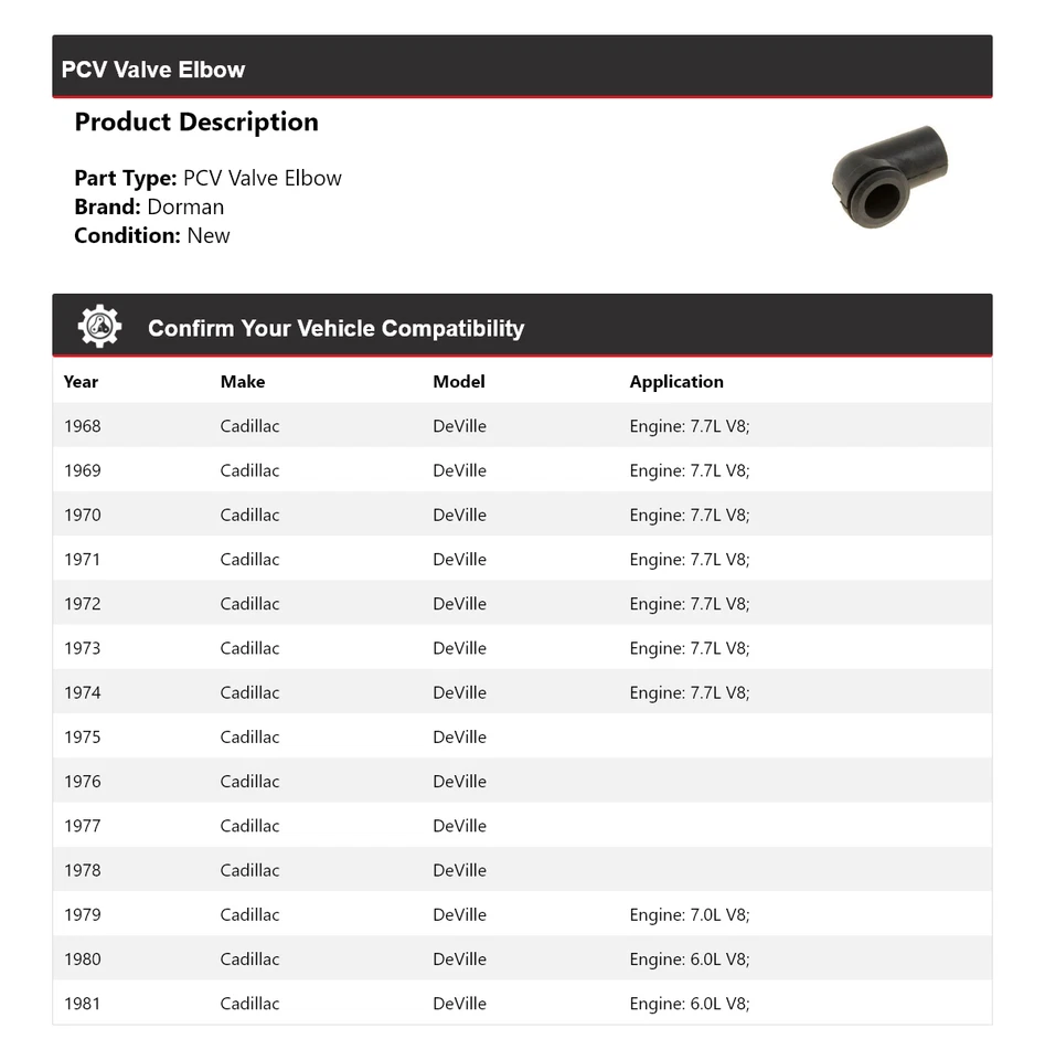 Codo de válvula PCV para Cadillac DeVille Dorman 1968-1981 1969 1970 1971 1972 1973 Foto 2 de 4