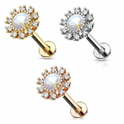 Flat Back Stud Labret Internally Threaded CZ Paved Round Flower 16ga