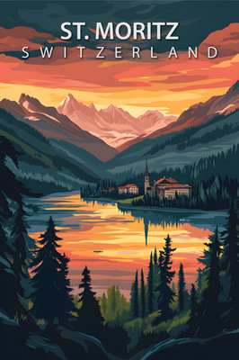 St Moritz Switzerland Travel Poster Vintage Swiss Alps Sunset Canvas Wall Decor