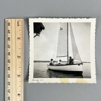 Vintage 1950s 1960s Snapshot Photo Sailboat Sailing Nautical Lake Life Deckle