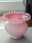 MCM Fenton Ruffled Edge Crimp Crest Vase Pink Cranberry Ombre White Milk Glass