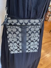 Coach Signature Logo Crossbody Bag Black Gray Zip Top Detachable Strap Silver
