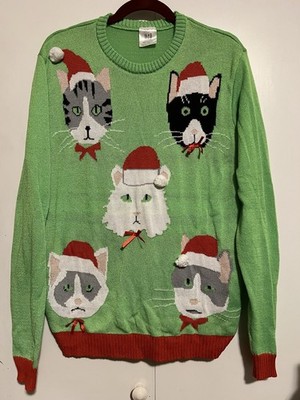 Holiday Sweater Green with Cat Design Festive Elves Christmas Ugly Sweater L/XL