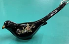 Vintage Fenton Glass Black Bird Hand Painted Floral Signed Pam Laudeman
