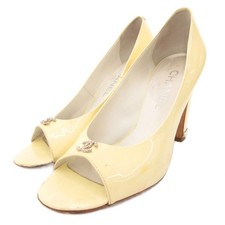 Chanel Coco Mark Open Toe Pumps Enamel Leather Cream Yellow Women's EU36.5/US6.5