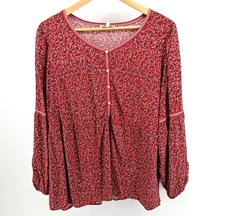 Max Studio Plus Size 3X Floral Boho Peasant Blouse Red Ditsy Print Long Sleeve