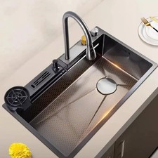 Multifunction Black Nano Kitchen Sink Waterfall Faucet Large Single Bowl Washer