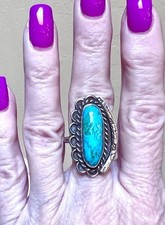 BEAUTIFUL Vintage Native American Large Sterling Silver Turquoise Stampwork Ring