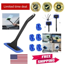 Versatile Auto Window Cleaner with Durable Wand & 5 Reusable Cloth Pads in Blue