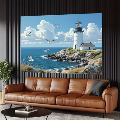 Vibrant Polyester 1pc Coastal Lighthouse Landscape Tapestry  Ocean Waves, Rocks,