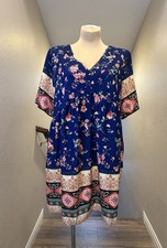 Shein Curve 3XL Dress V-Neck Floral Boho Navy