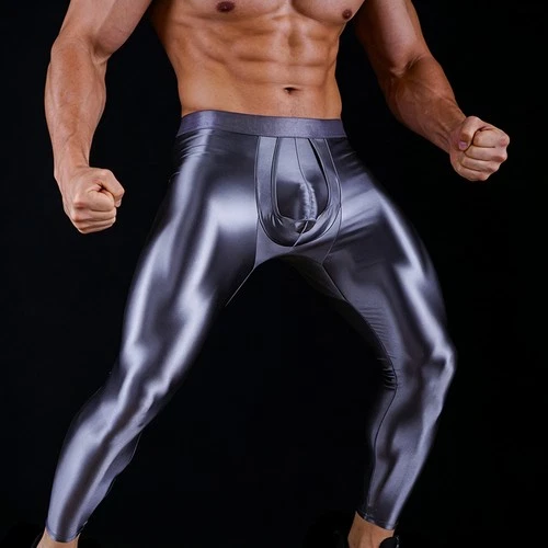 Men Smooth Oil Compression Pants Running Trousers Jogger Tights Pouch Underpanys