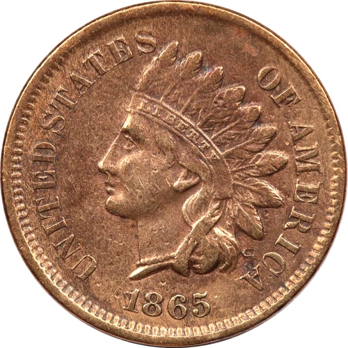 1865 Indian Head Cent 1C, About Uncirculated AU, Cleaned