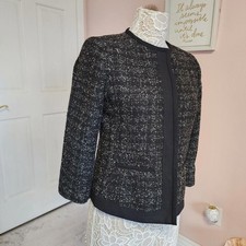 EUC Tahari Unique Tweed blazer hidden snaps black white 6
