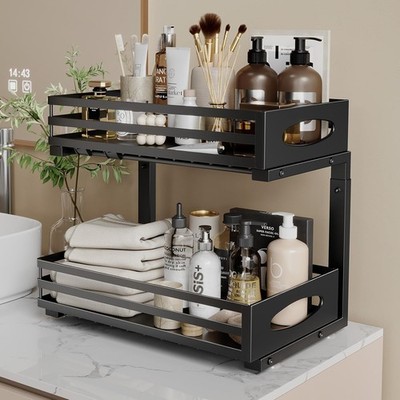 2 Pack Under Sink Organizer 2 Tier Slide Out Cabinet Storage Adjustable Black