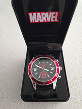 Marvel Spider-Man Quartz Analog Tachymeter Watch Black Leather Strap Box 40-43mm