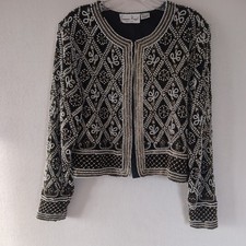 Vintage Laurence Kazar Silk Beaded Jacket Sz L Black Gold Vintage Gatsby Party