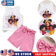 2PCS Kid Girls Printed Sleeveless Vest T-Shirt + Bowtie Shorts Set Outfits