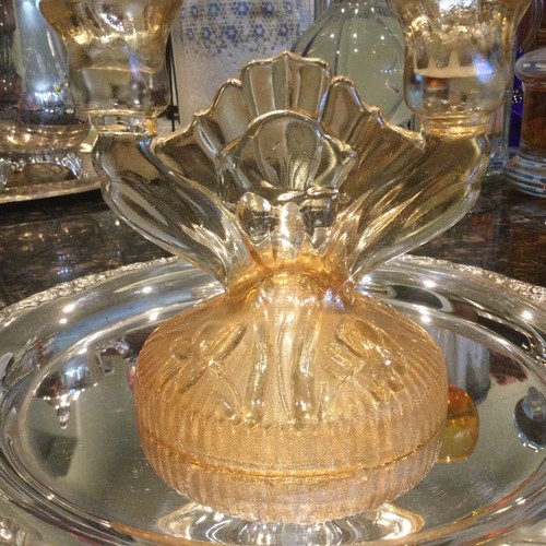 2 -Carnival Glass Iridescent Marigold Candle Holder, Jeanette Iris & Herringbone - Picture 2 of 7