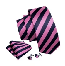 Barry.Wang Tie Check Mens Necktie Set with Hanky Cufflinks Classic Pink 1471